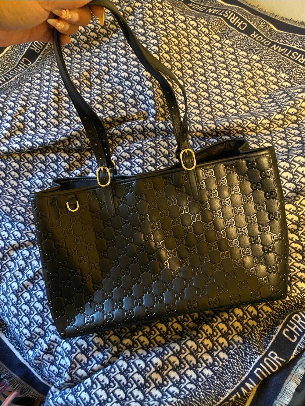 Gucci Inspired Black Signature Embossed Leather Tote